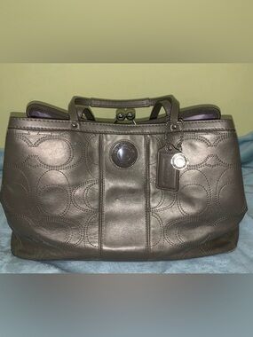 COACH Metallic Bronze Leather Tote with Signature Stitching